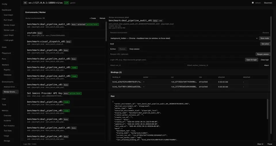 Worker environment database, selected session for web worker, test