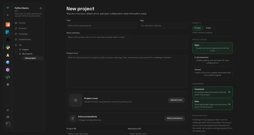 Project creation tab for learners